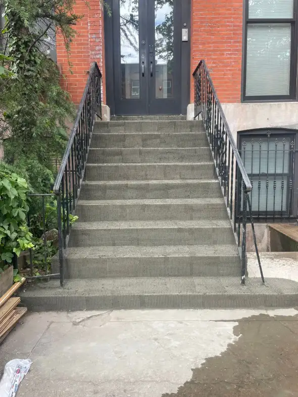 The full step run in the grey scratch coat at 233 Bergen Street, edges re-formed