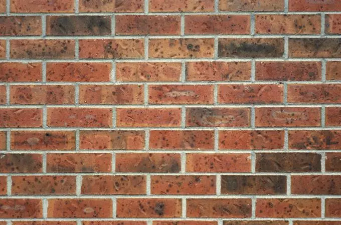 A struck lime-mortar joint between clay bricks, close up