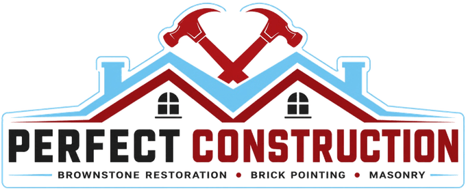 Perfect Construction logo — crossed red hammers over a blue and red roofline; Perfect Construction — Brownstone Restoration, Brick Pointing, Masonry